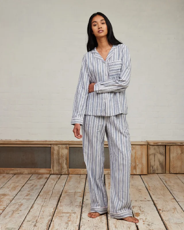 Organic Cotton Brushed Stripe Long Pyjama Set - Blue & White