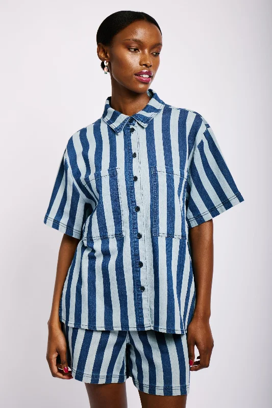 Short Sleeve Denim Knit Stripe Shirt