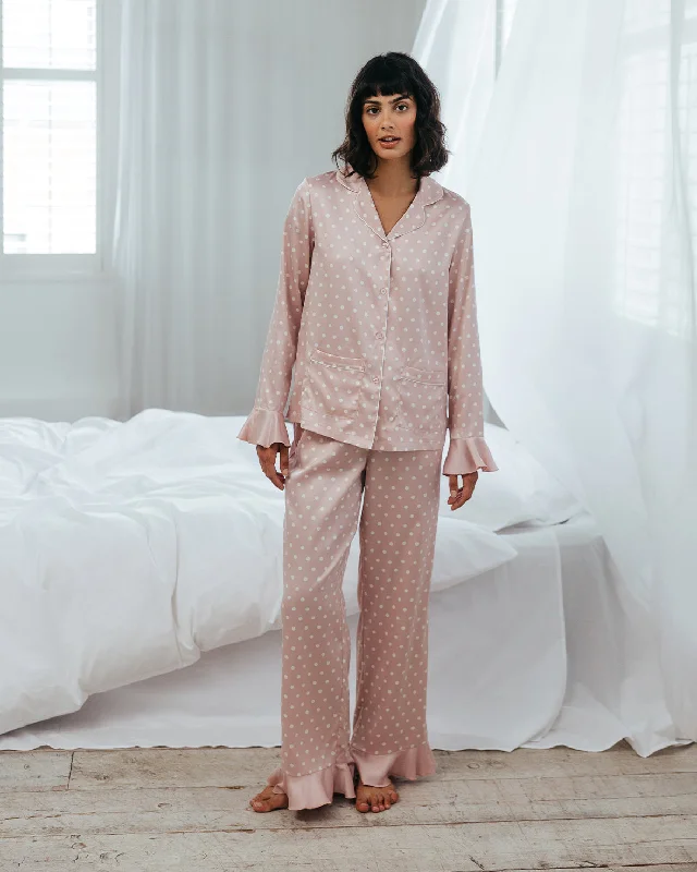 Satin Frill Polka Dot Long Pyjama Set - Pink