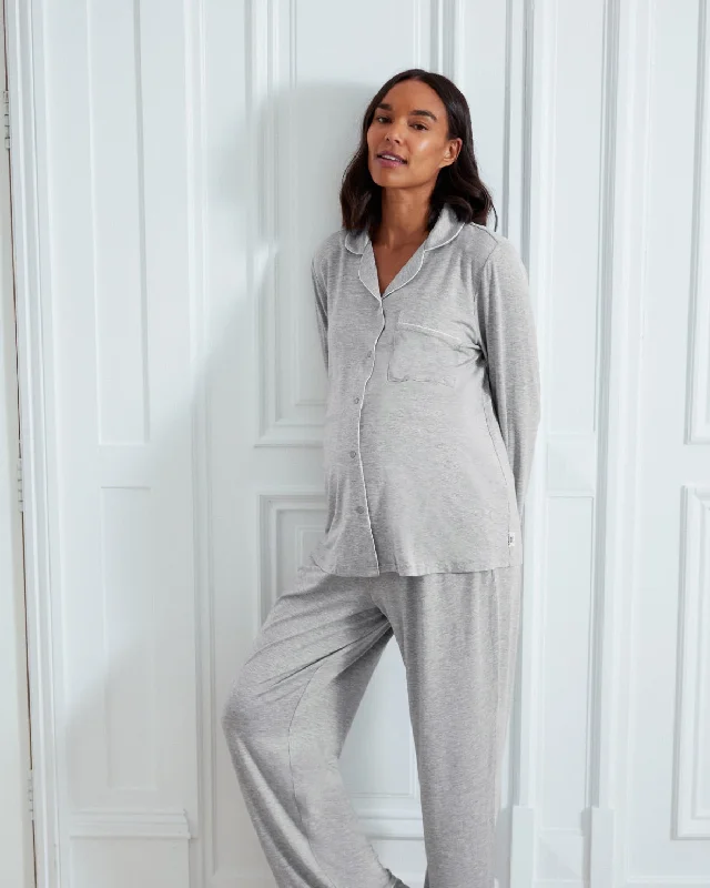 Maternity TENCEL™ Modal Long Button Up Pyjama Set - Grey Marl