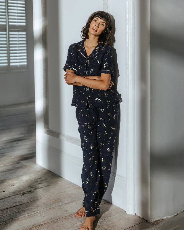 Cotton Cheesecloth Foil Star Print Long Pyjama Set - Navy