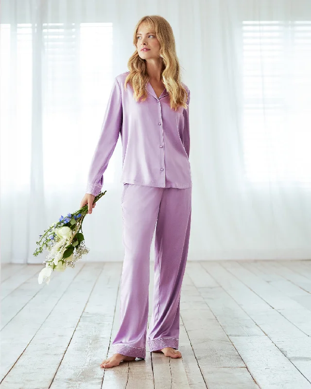 Satin Lace Trim Long Pyjama Set - Lavender