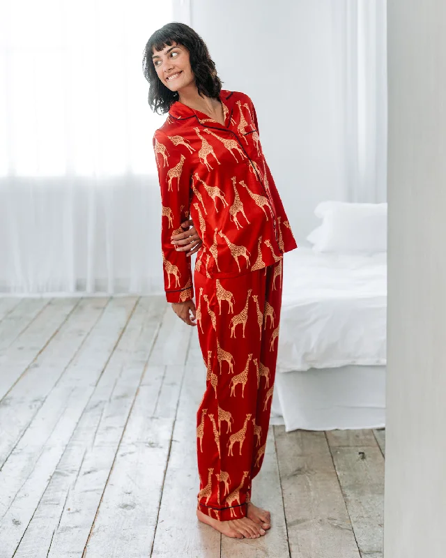 Satin Giraffe Print Long Pyjama Set - Red