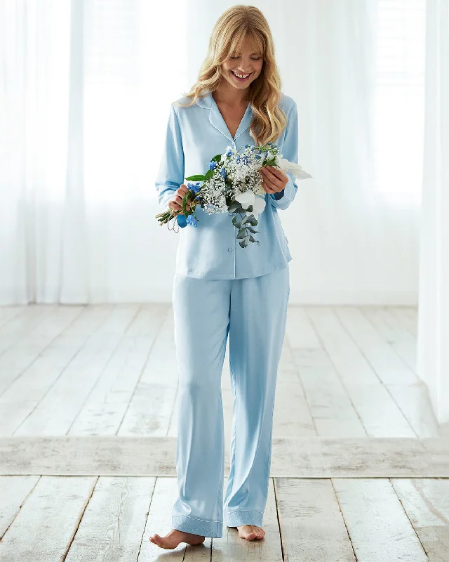 Satin Lace Trim Long Pyjama Set - Pastel Blue