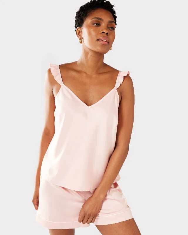 Satin Frill Trim Cami Short Pyjama Set - Blush