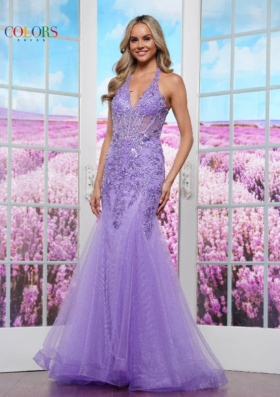 Colors Dress 3590 - Halter Neck Beaded Applique Prom Gown