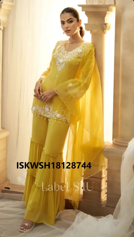 Embroidered Organza Kurti With Sharara And Dupatta-ISKWSH18128744