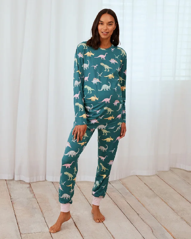 Maternity Dinosaur Print Long Pyjama Set - Dark Teal