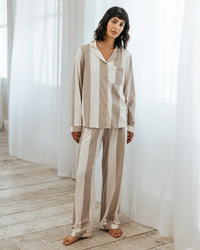 Organic Cotton Stripe Long Pyjama Set - Taupe