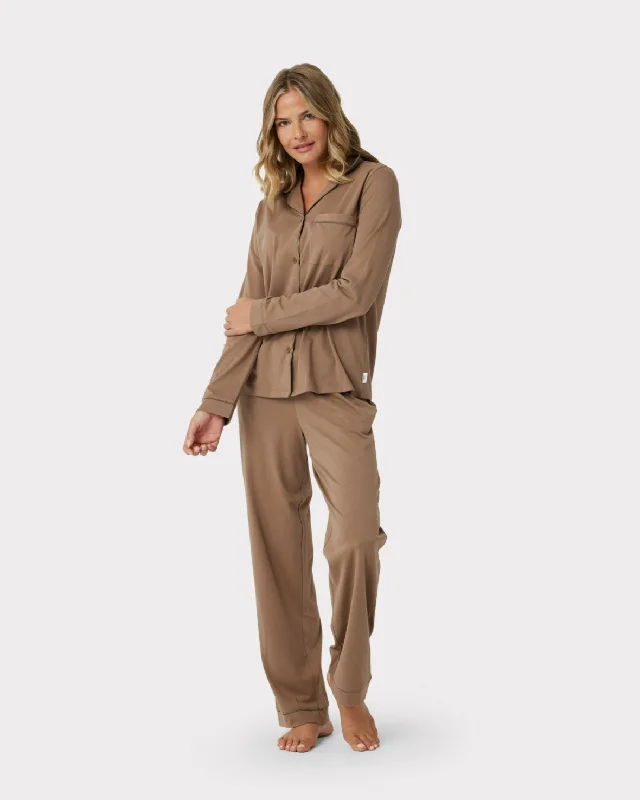 Organic Cotton Button Up Long Pyjama Set - Brown