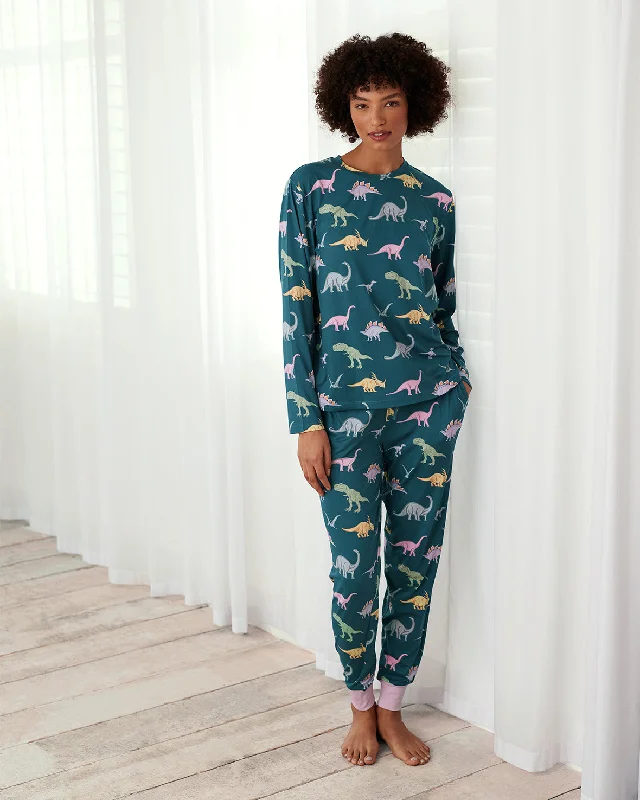 Dinosaur Print Long Pyjama Set - Dark Teal