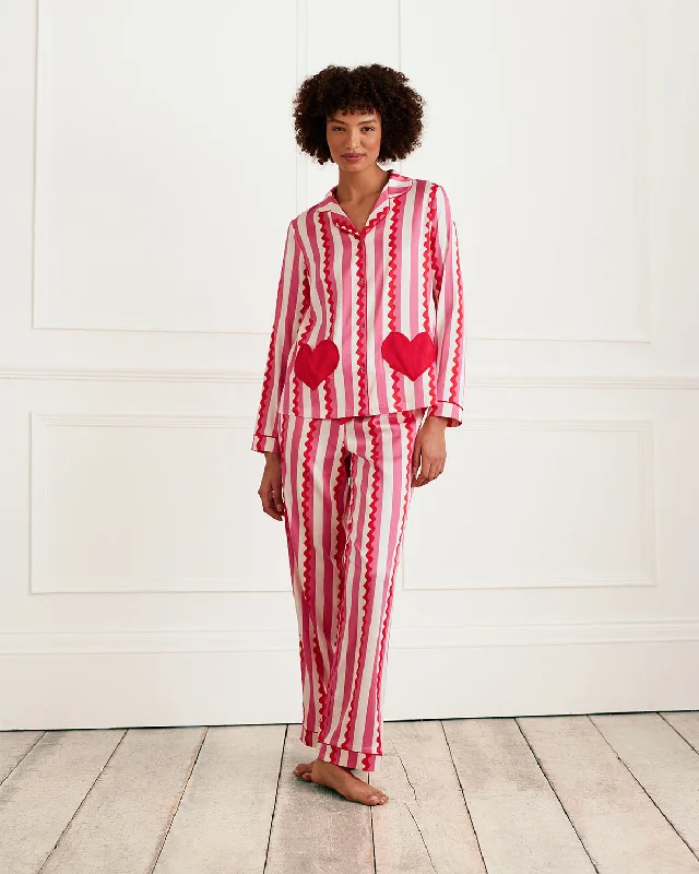 Satin Heart Pocket Striped Long Pyjama Set