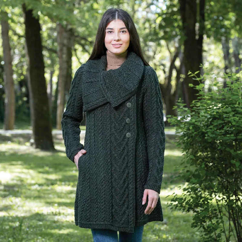 Women's Classic Aran Knit Cable Coat, Army Green