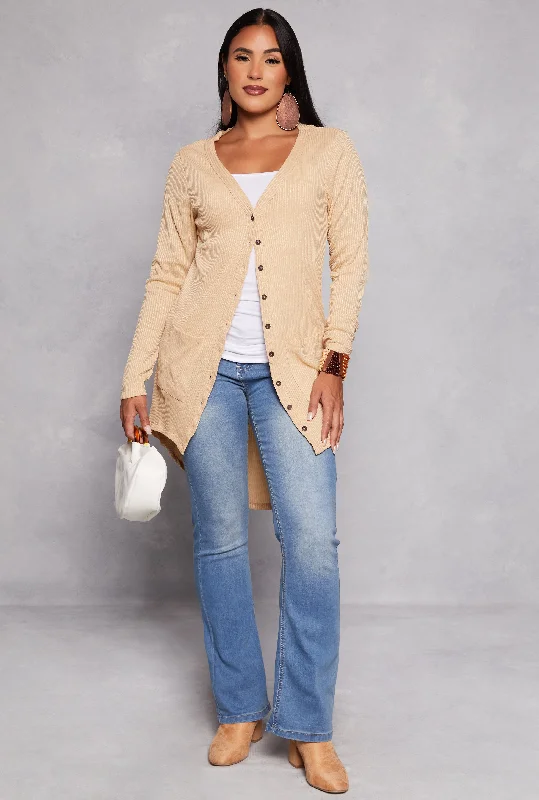 Ribbed Button Front High Low Sweater