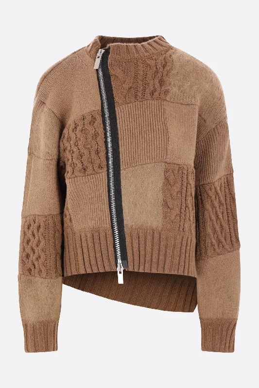 patchwork wool blend full-zip sweater