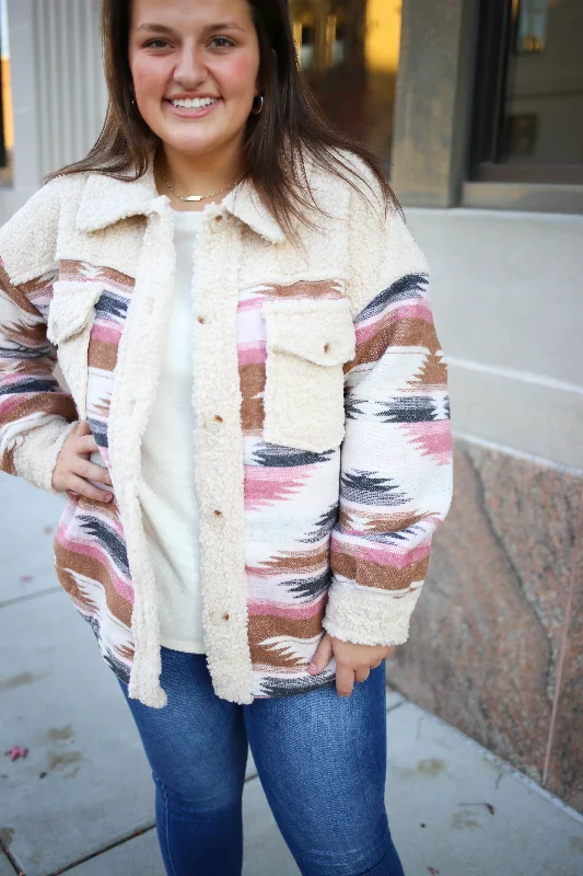 Cream and Pink Sherpa Aztec Jacket | Boutique Elise | Riley