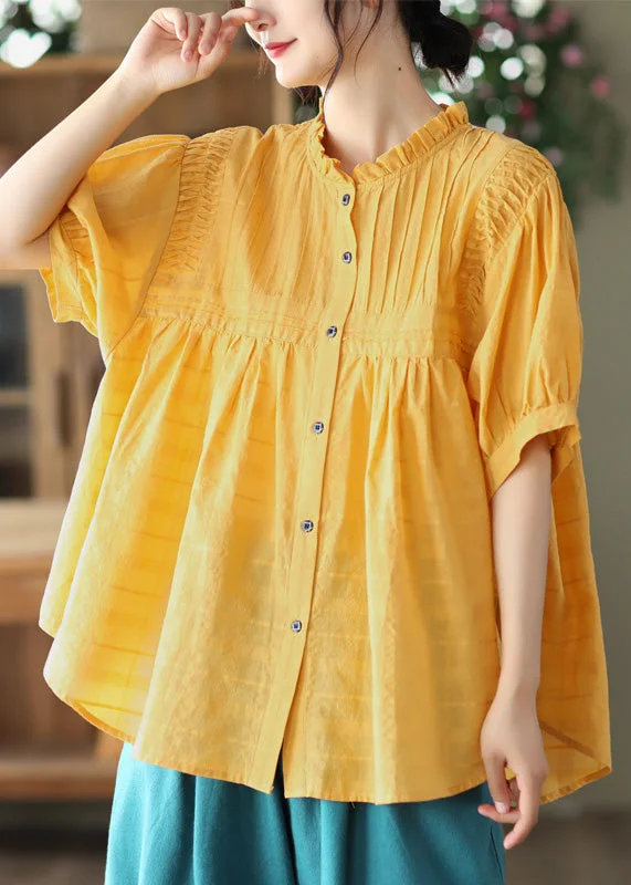 Beautiful Yellow Stand Collar Cinched Button Cotton Shirt Half Sleeve