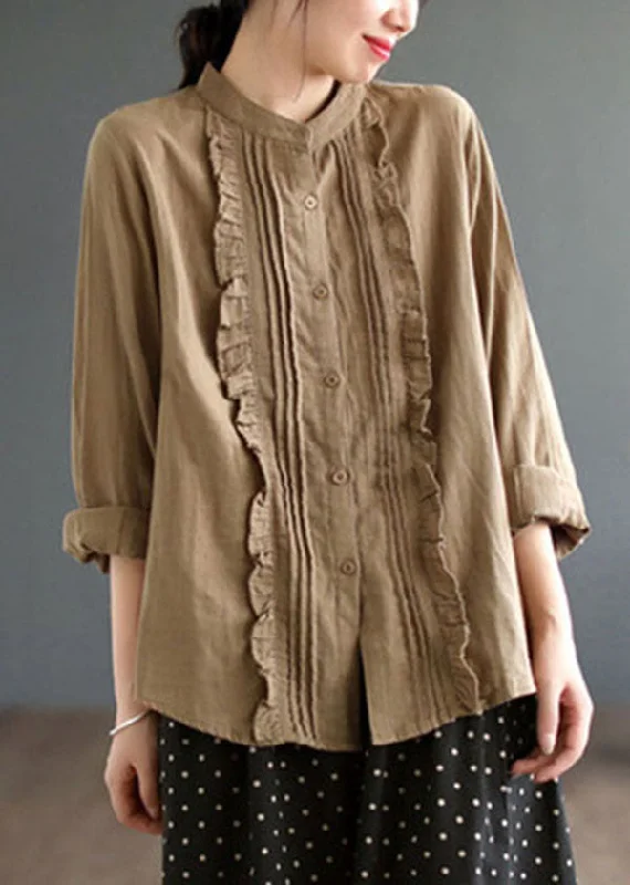 Boho Khaki Ruffled Solid Color Cotton Shirt Tops Spring