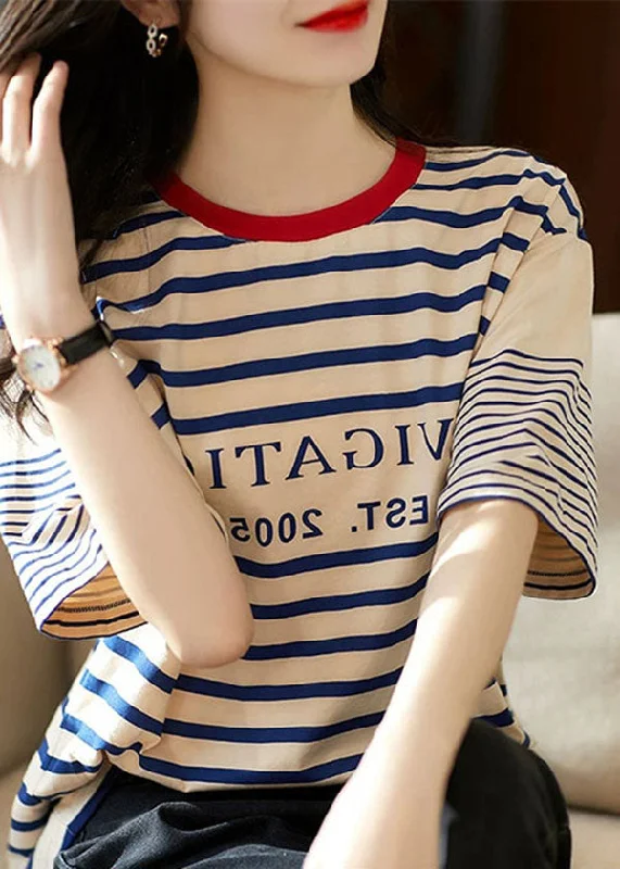 Boutique Apricot O Neck Striped Cotton T Shirt Summer