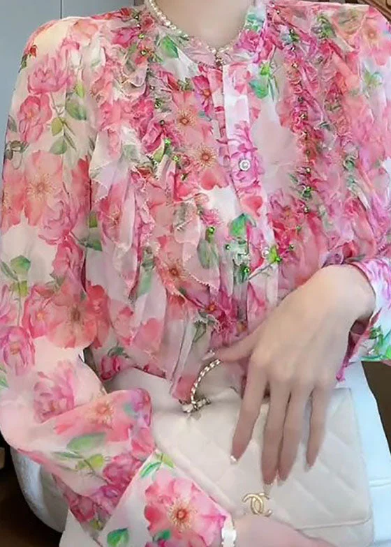 Chic Pink Stand Collar Ruffled Patchwork Print Silk Shirt Top Spring