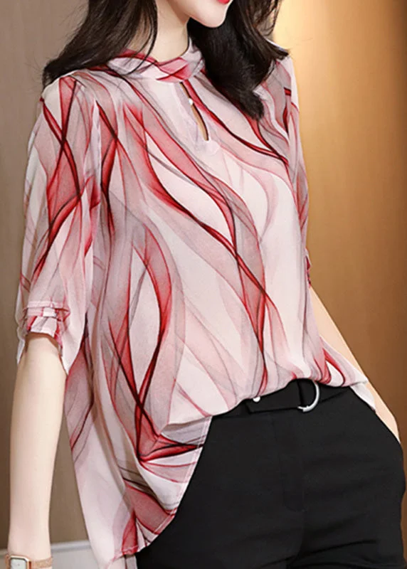 Chic Red Striped Stand Collar Low High Design Chiffon Shirts Summer