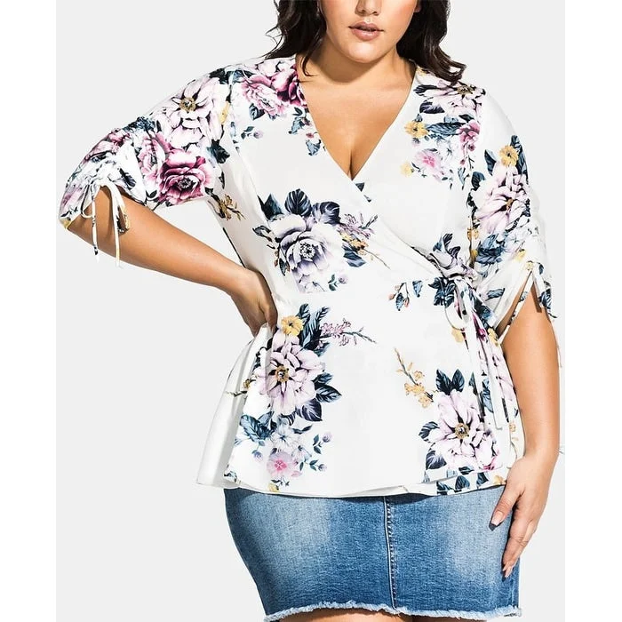 City Chic Women's Summer Love Floral Shirt Wrap Top White Size 24W