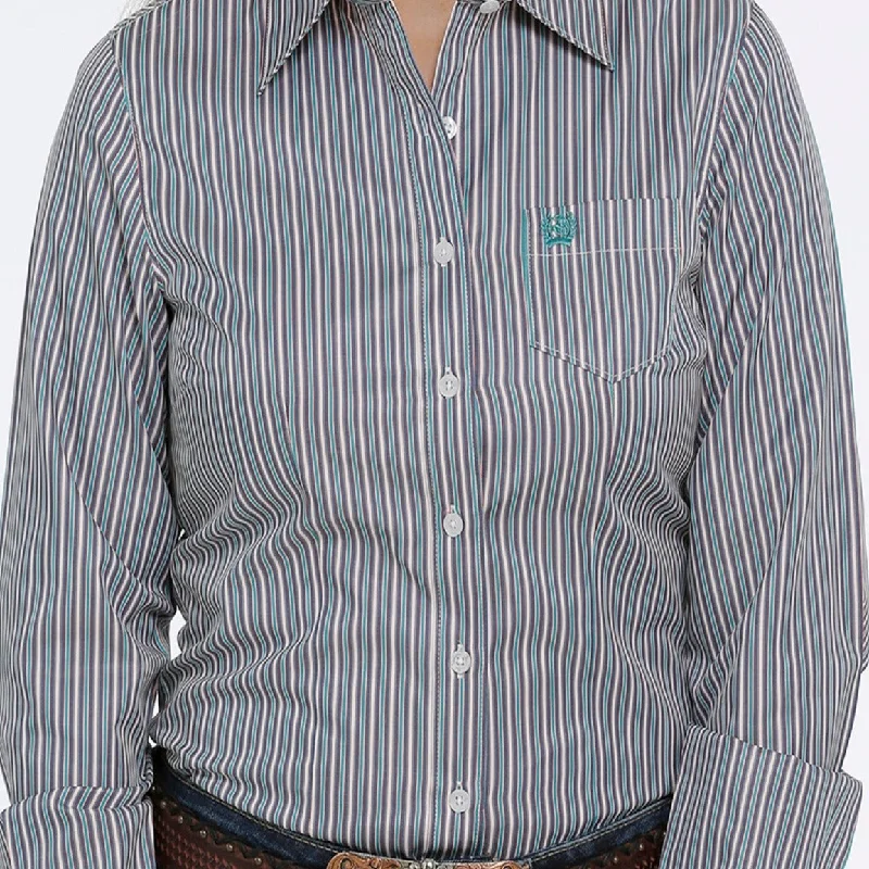 Cinch Women's Tri-Color Stripe Tencel Button Down Shirt- Navy, Teal, Cream