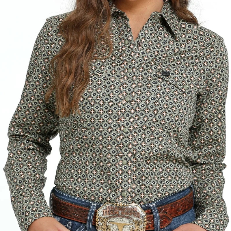 Cinch Women's Olive Geometric Print Western Snap Shirt