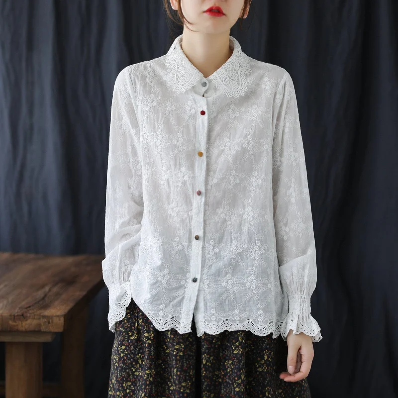 Cute White Embroidery Lace Long-sleeved Shirt