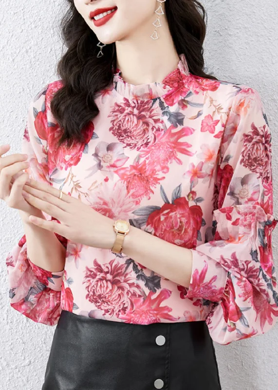 DIY Pink Stand Collar Print Chiffon Shirt Spring