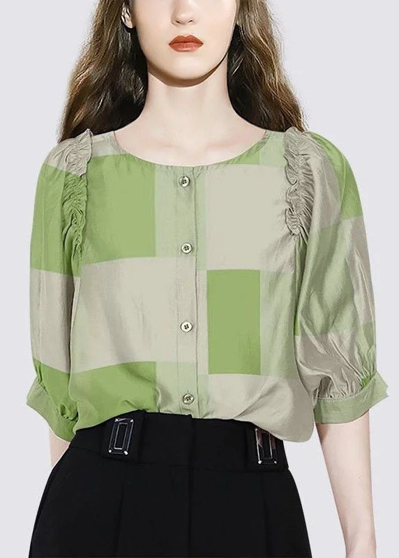 Fashion Green O Neck Ruffled Print Cotton Shirt Half sleeve