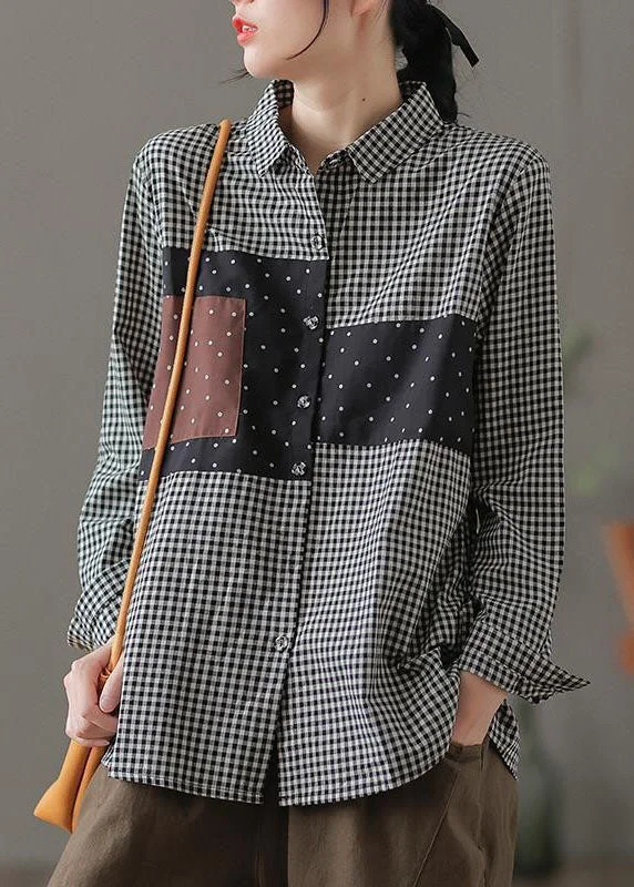 Fine Black Peter Pan Collar Plaid Patchwork Cotton Shirt Fall