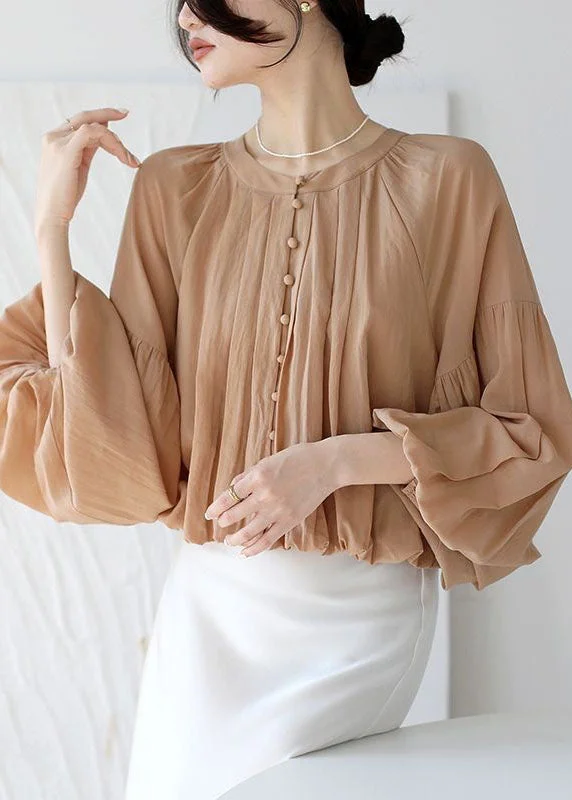 Fine Camel O Neck Wrinkled Patchwork Button Chiffon Shirt Spring