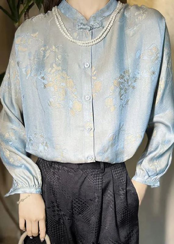 Fine Light Blue Mandarin Collar Jacquard Silk Shirt Spring