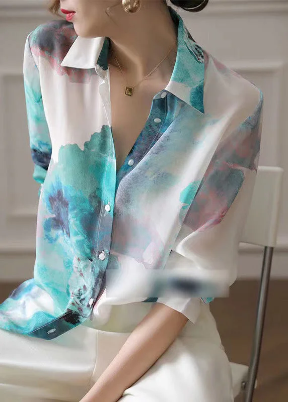 Gradient Color Peter Pan Collar Print Button Satin Shirt Long Sleeve