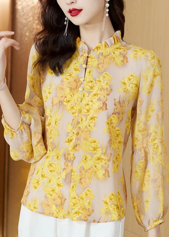 Italian Yellow Stand Collar Print Button Chiffon Shirt Long Sleeve