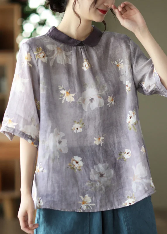 Light Purple Peter Pan Collar Print Linen Shirt Half Sleeve