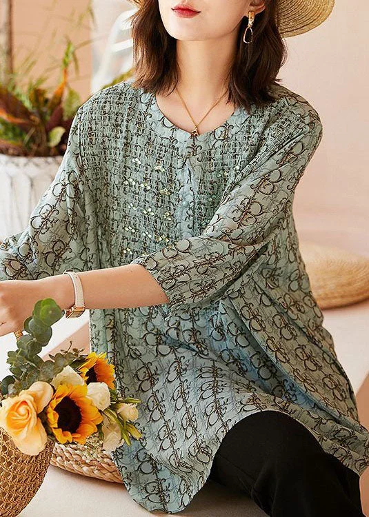 Loose Light Green O Neck Print Patchwork Chiffon Shirts Summer