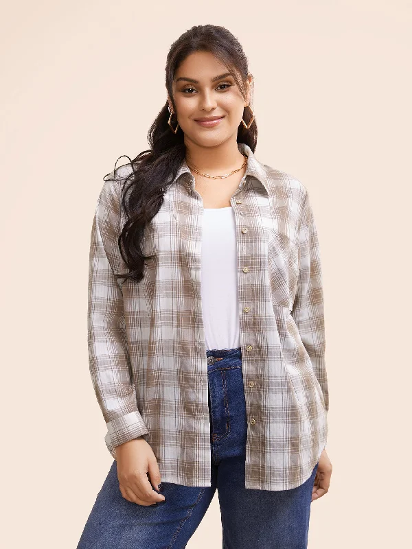 Plaid Shirt Collar Patch Pocket Blouse