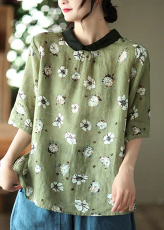 Retro Blackish Green Peter Pan Collar Print Linen Shirt Half Sleeve