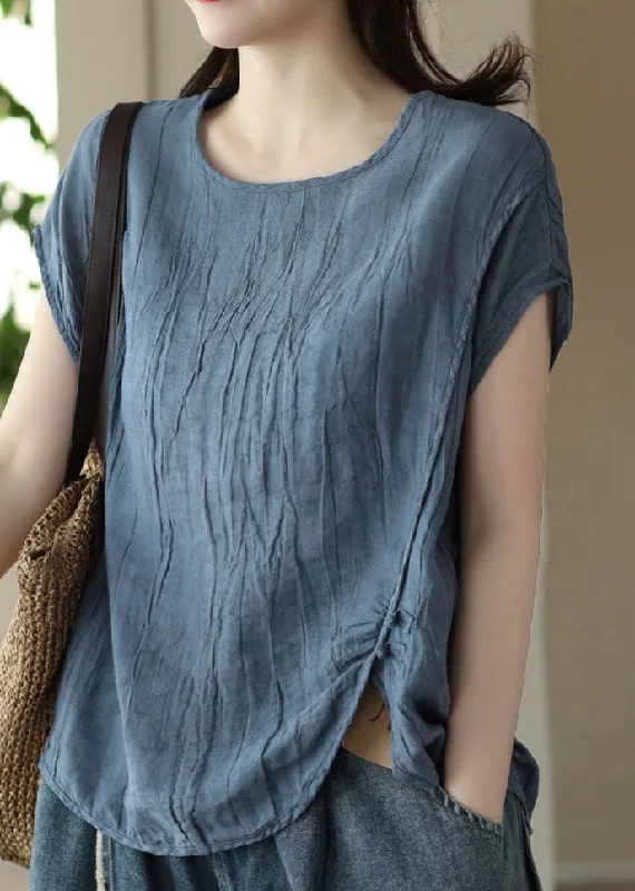 Summer Blue O Neck Wrinkled Patchwork Linen T Shirt