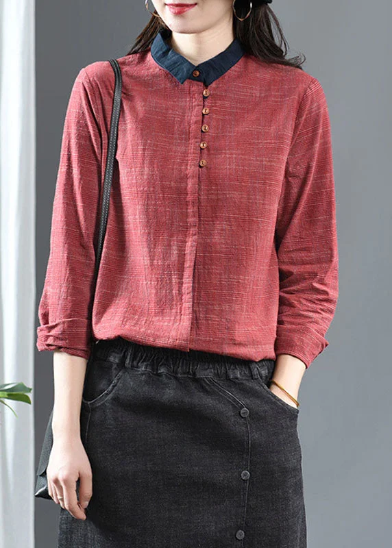 Vintage Red Peter Pan Collar Patchwork Cotton Shirt Long Sleeve