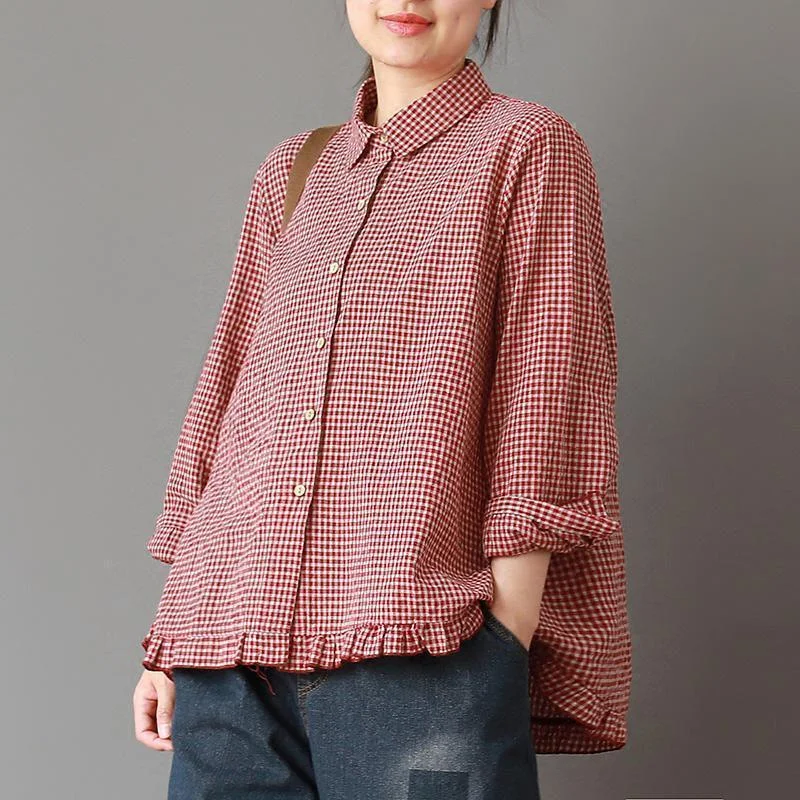 Women Spring Plaid Turn-down Collar Loose Shirt