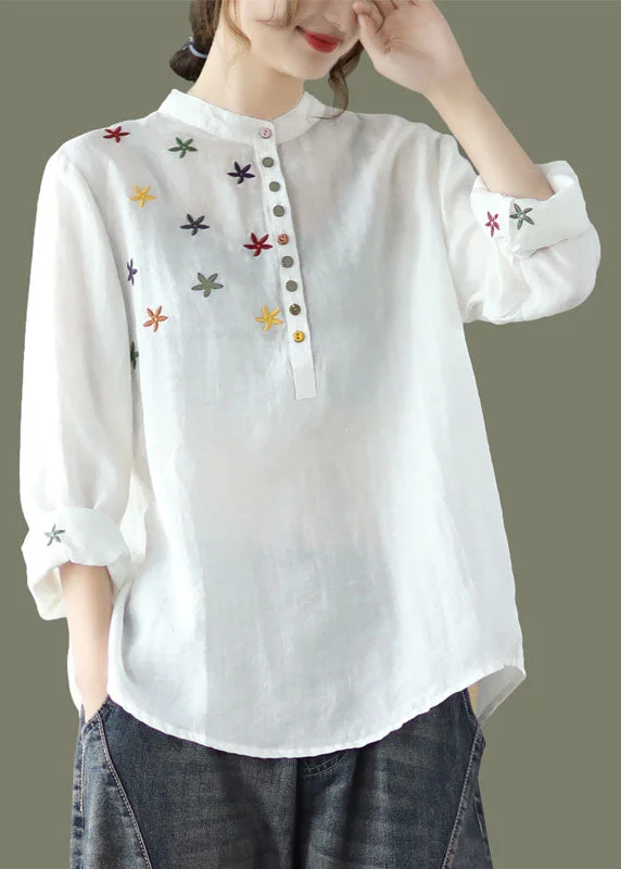 Women White Stand Collar Embroideried Linen Shirt Spring