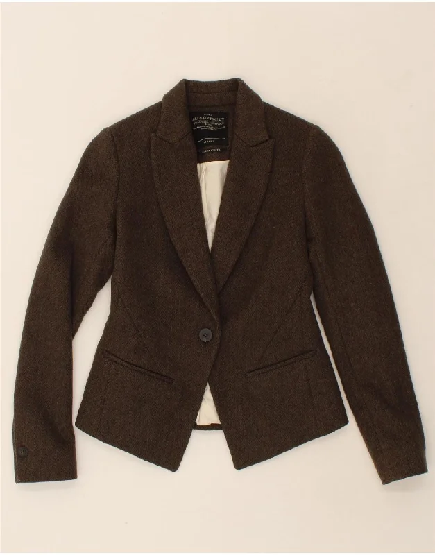 ALL SAINTS Womens 1 Button Blazer Jacket UK 6 XS Brown Herringbone Wool