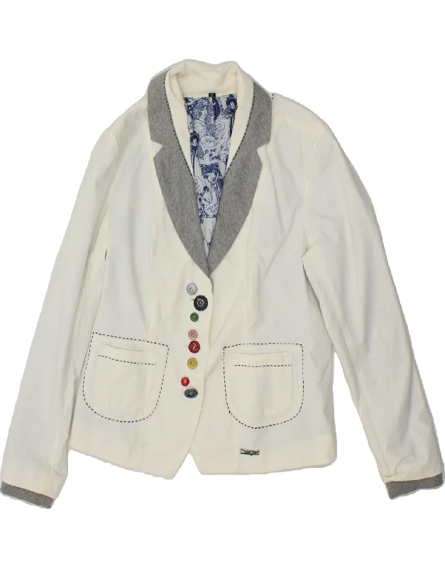 DESIGUAL Womens Graphic 3 Button Blazer Jacket EU 44 XL White Cotton