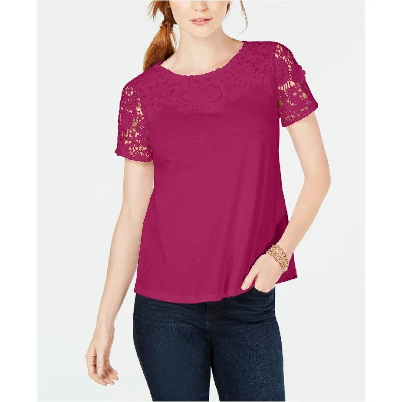 Charter Club Women's Cotton Lace-Embellished T-Shirt Fuchsia Size 2 Extra Large - XX-Large