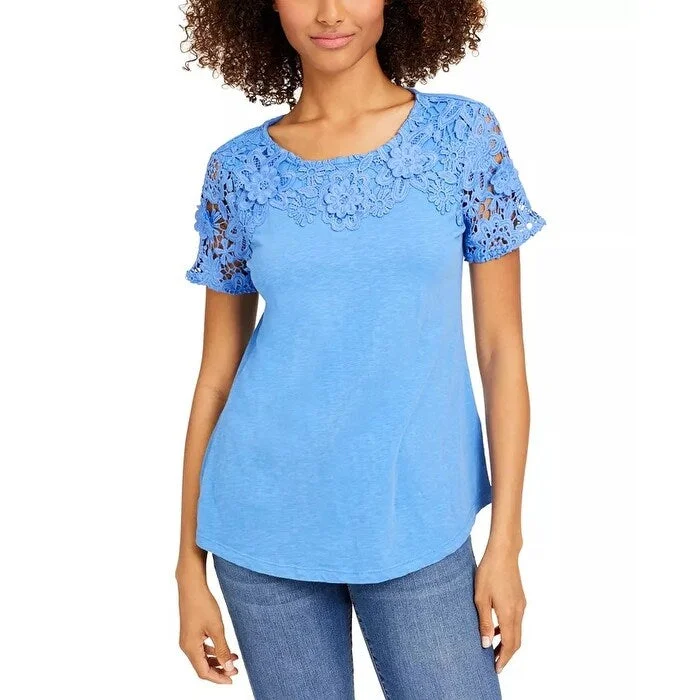 Charter Club Women's Cotton Lace Embellished T-Shirt Turq Aqua Size X-Small