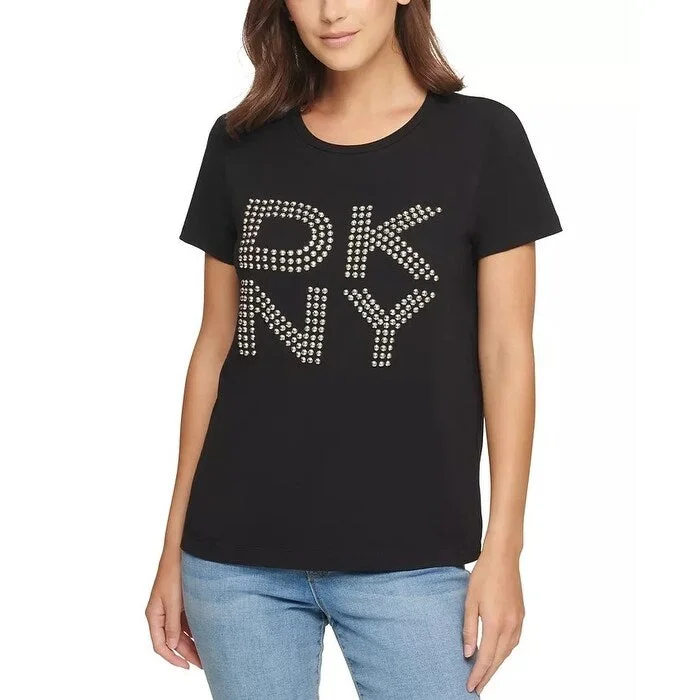 DKNY Women's Stud Logo T-Shirt Black Size Large