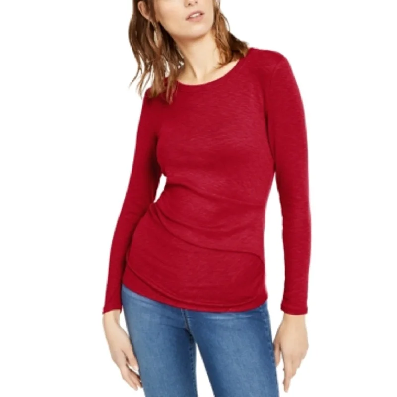 INC Women's Long-Sleeve Draped T-Shirt Dark Red Size Extra Large - X-Large